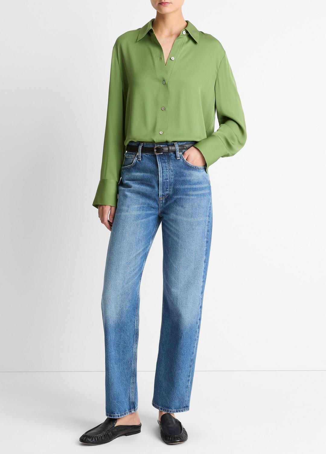 VINCE Essential - Stretch-Silk Button-Front Blouse in Long Sleeve