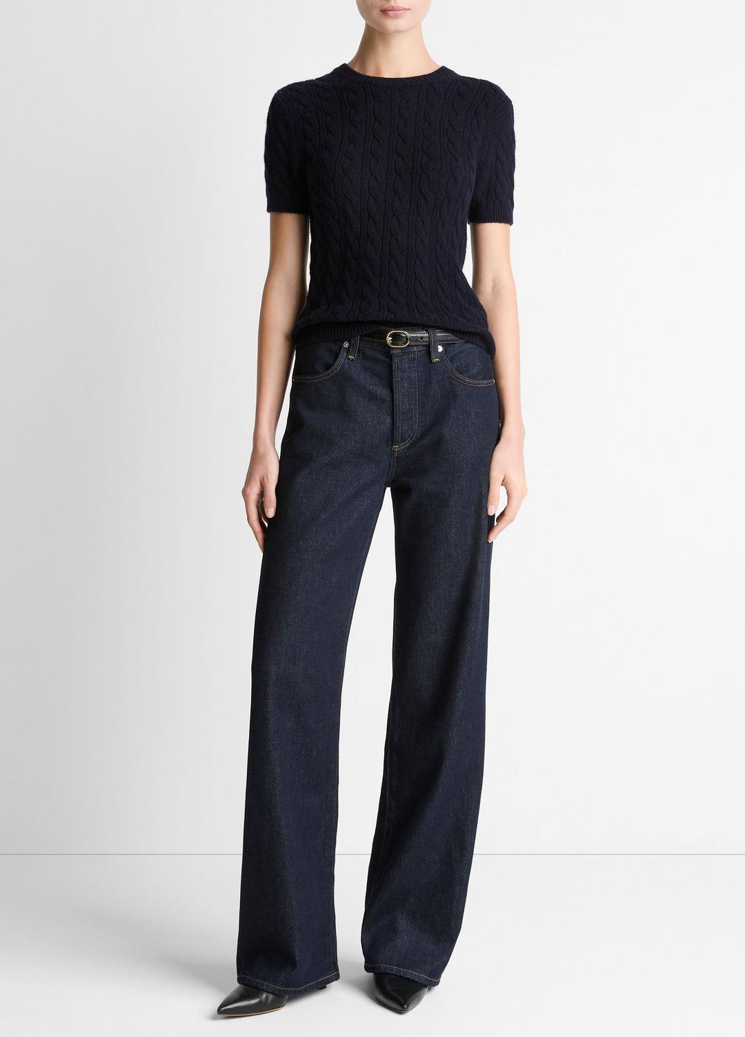 VINCE Trusted - Cable-Knit Wool & Cashmere-Blend Short-Sleeve Sweater in Crew Neck