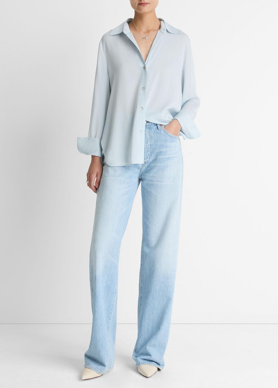 VINCE Trusted - Stretch-Silk Button-Front Blouse in Long Sleeve