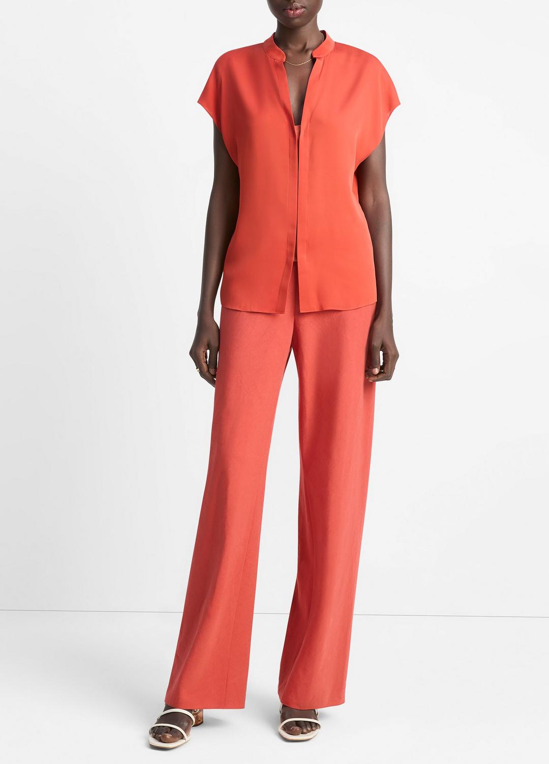 VINCE Featured - Contrast-Placket Stretch-Silk Cap-Sleeve Blouse in Shirts & Tees