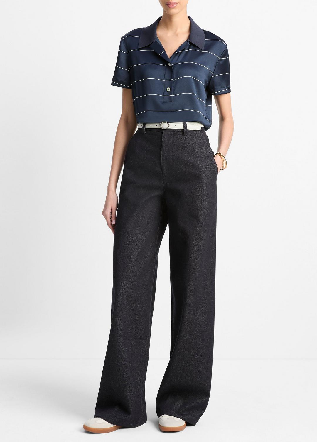 VINCE Popular - Knit-Collar Striped Silk Polo Shirt in Shirts & Tees
