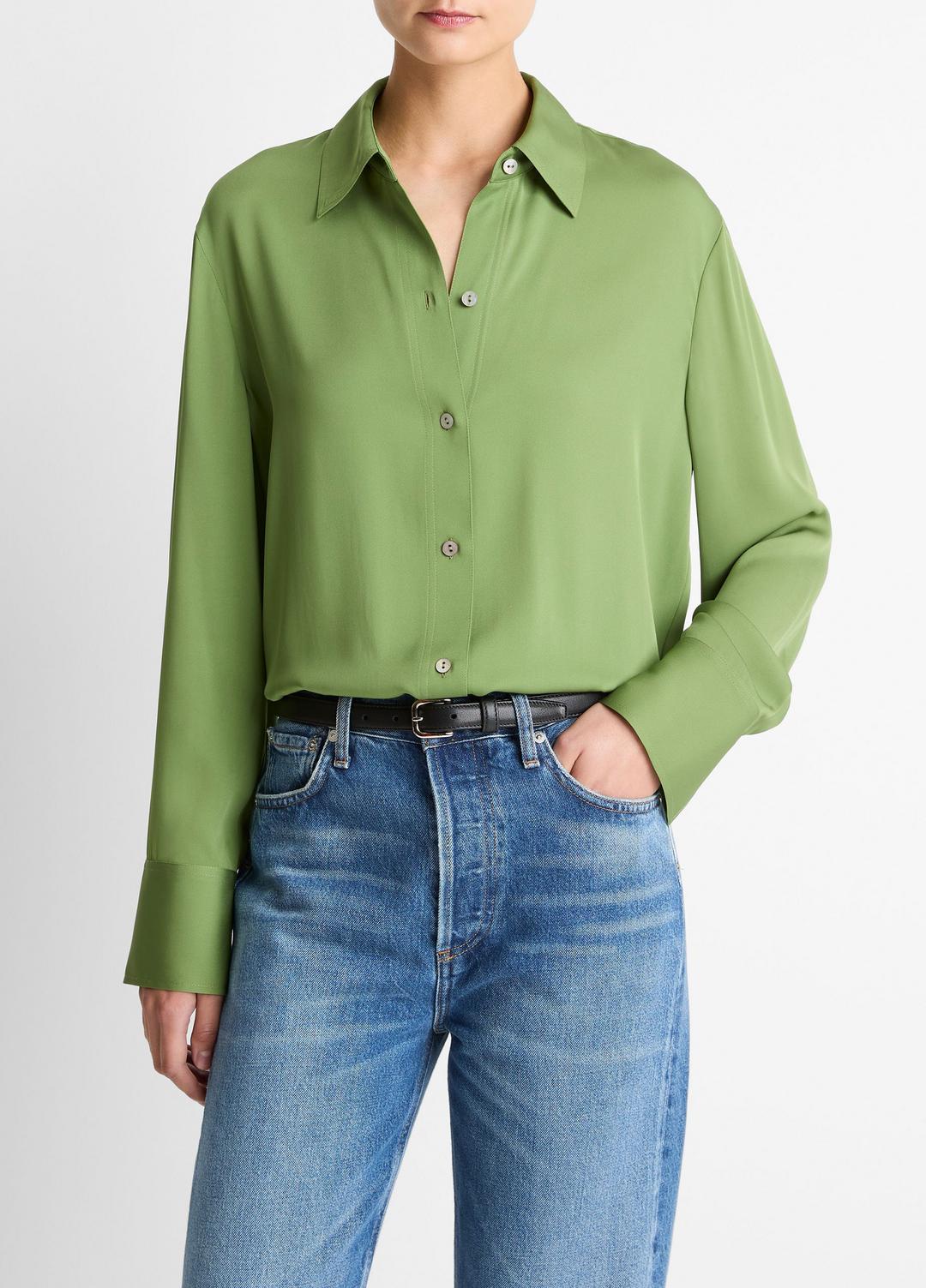 VINCE Essential - Stretch-Silk Button-Front Blouse in Long Sleeve