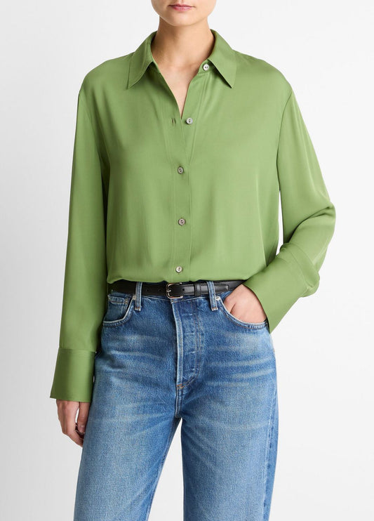 VINCE Essential - Stretch-Silk Button-Front Blouse in Long Sleeve