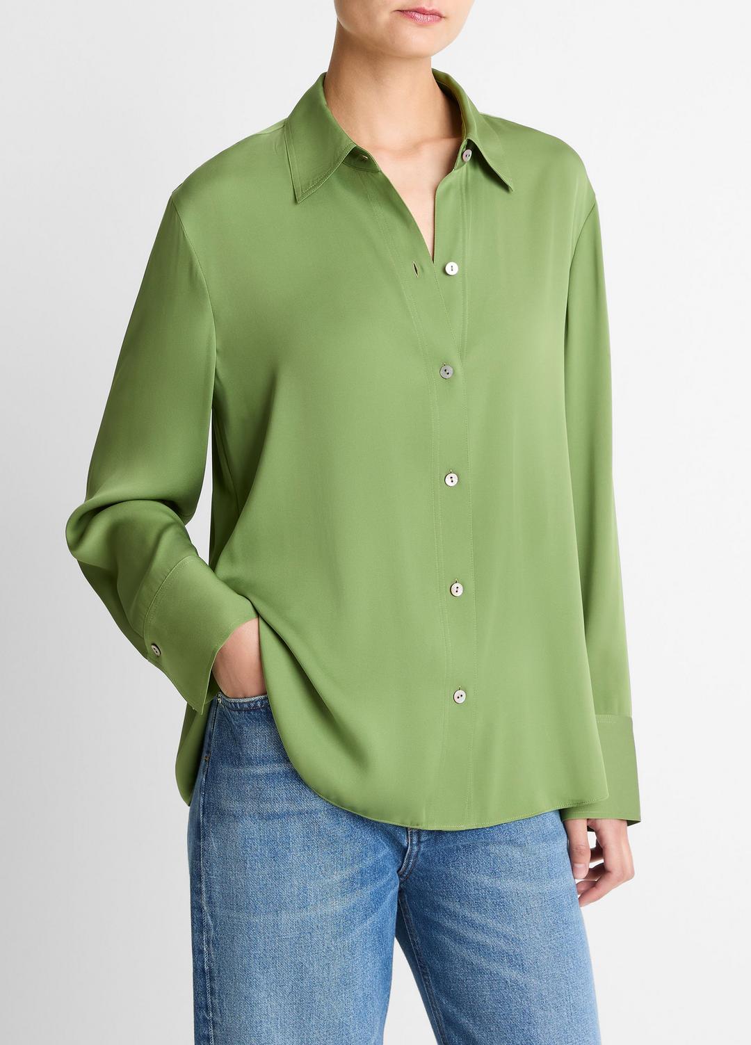 VINCE Essential - Stretch-Silk Button-Front Blouse in Long Sleeve