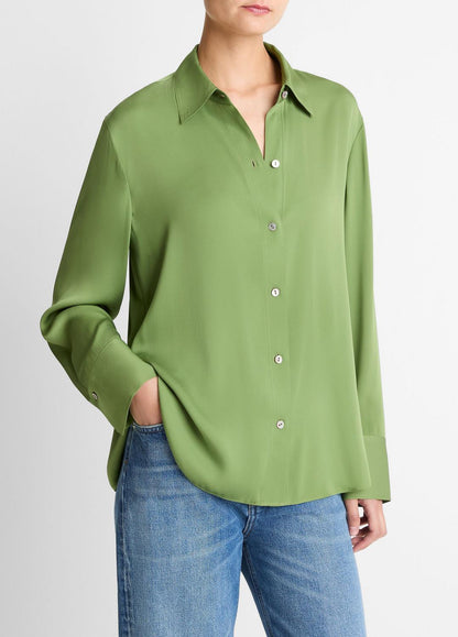 VINCE Essential - Stretch-Silk Button-Front Blouse in Long Sleeve
