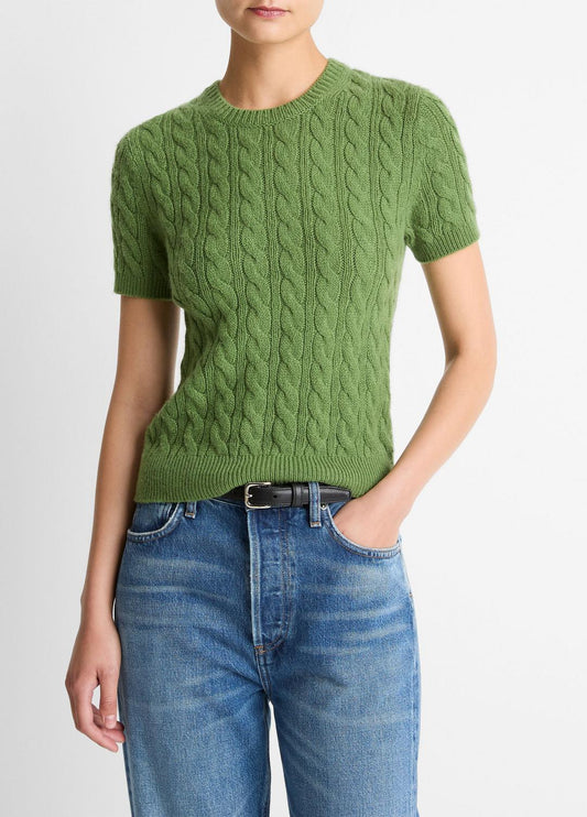 VINCE New - Cable-Knit Wool & Cashmere-Blend Short-Sleeve Sweater in Crew Neck