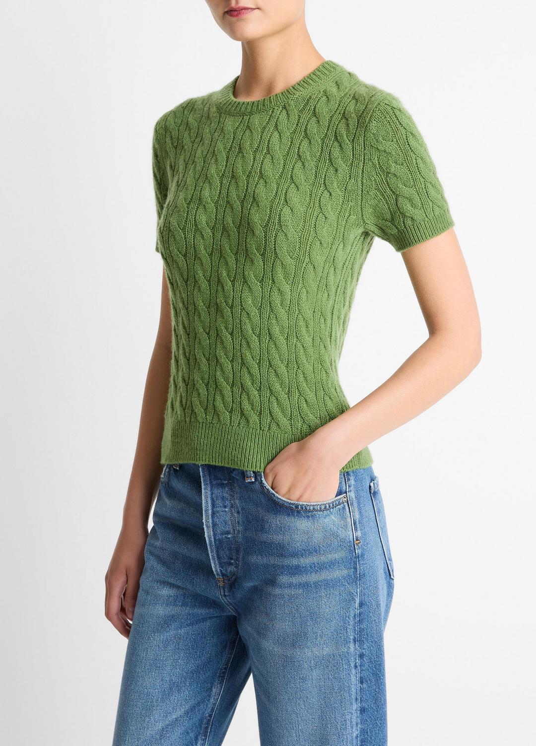 VINCE New - Cable-Knit Wool & Cashmere-Blend Short-Sleeve Sweater in Crew Neck