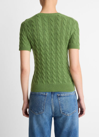 VINCE New - Cable-Knit Wool & Cashmere-Blend Short-Sleeve Sweater in Crew Neck
