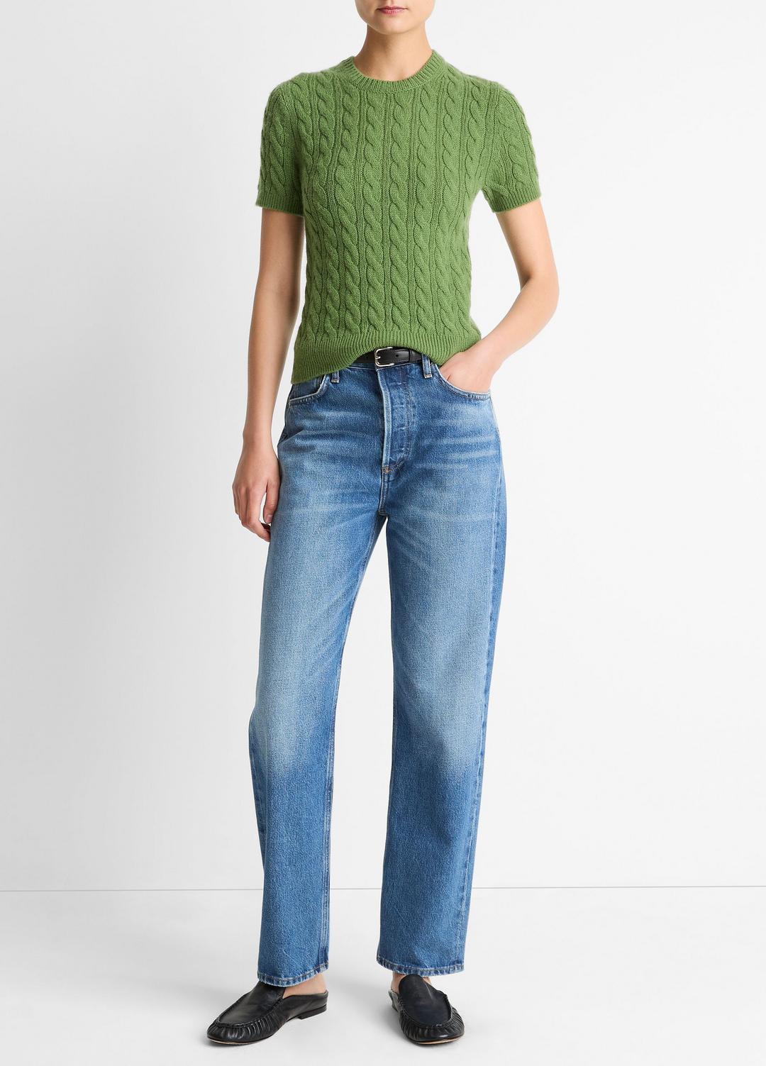 VINCE New - Cable-Knit Wool & Cashmere-Blend Short-Sleeve Sweater in Crew Neck