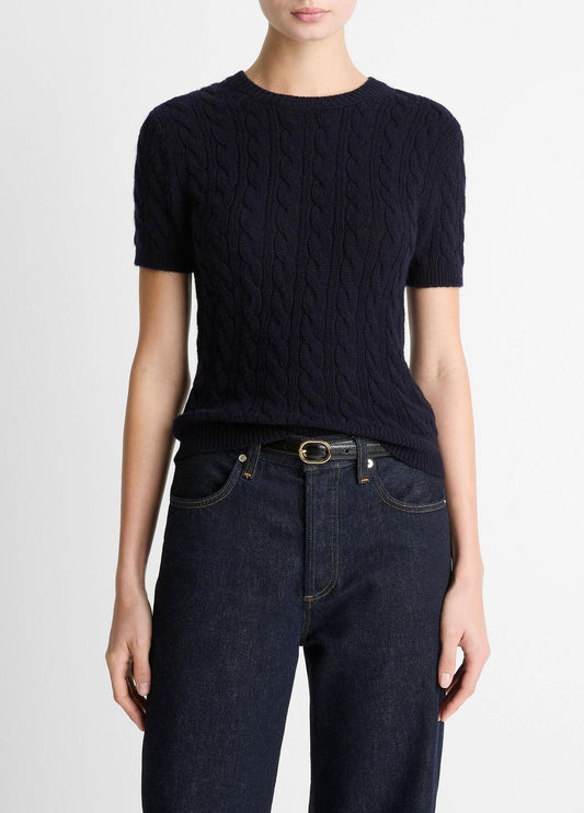 VINCE Trusted - Cable-Knit Wool & Cashmere-Blend Short-Sleeve Sweater in Crew Neck