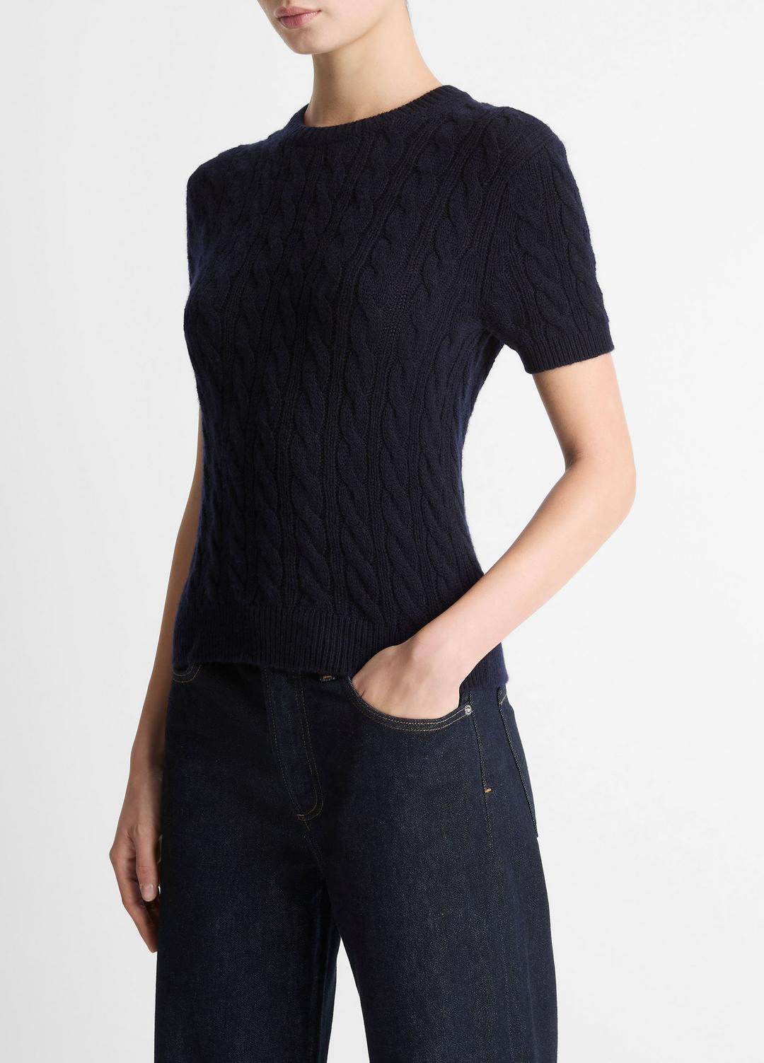 VINCE Trusted - Cable-Knit Wool & Cashmere-Blend Short-Sleeve Sweater in Crew Neck