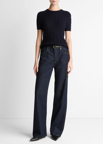 VINCE Trusted - Cable-Knit Wool & Cashmere-Blend Short-Sleeve Sweater in Crew Neck