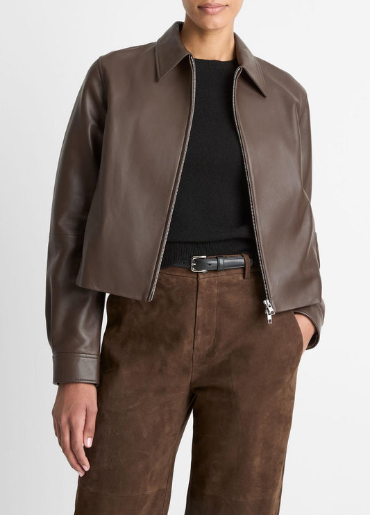 VINCE Top Pick - Leather Cropped Zip-Front Jacket in Leather Jackets