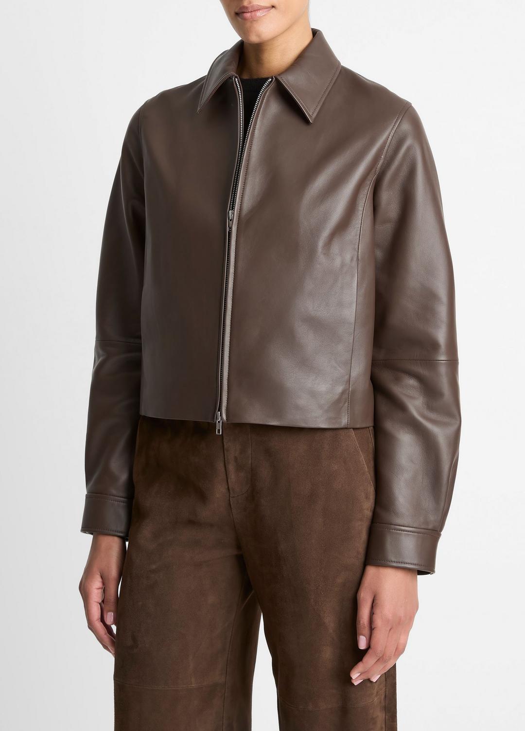 VINCE Top Pick - Leather Cropped Zip-Front Jacket in Leather Jackets