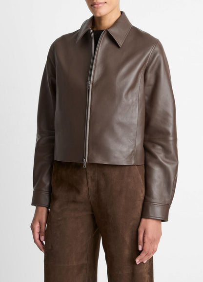 VINCE Top Pick - Leather Cropped Zip-Front Jacket in Leather Jackets