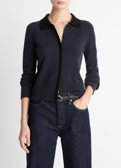 VINCE Smart Buy - Contrast-Trim Wool & Cashmere-Blend Collared Cardigan in Cardigans