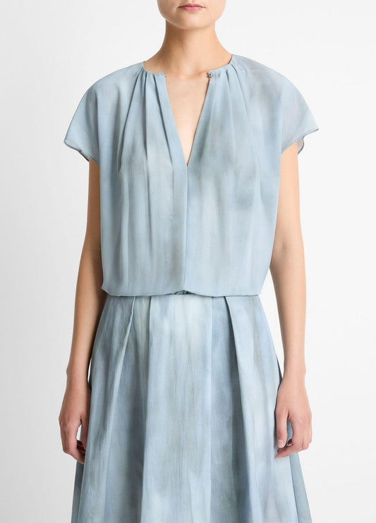 VINCE Deals - Washed Ombré Silk Gathered Cap-Sleeve Blouse in Short Sleeve