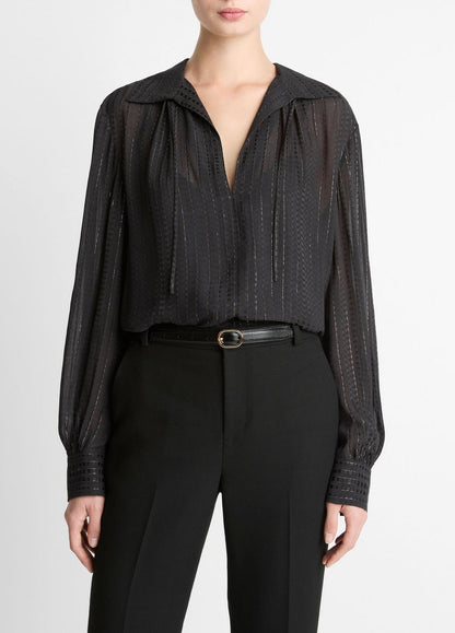 VINCE Popular - Metallic-Stripe Gathered Blouse in Long Sleeve