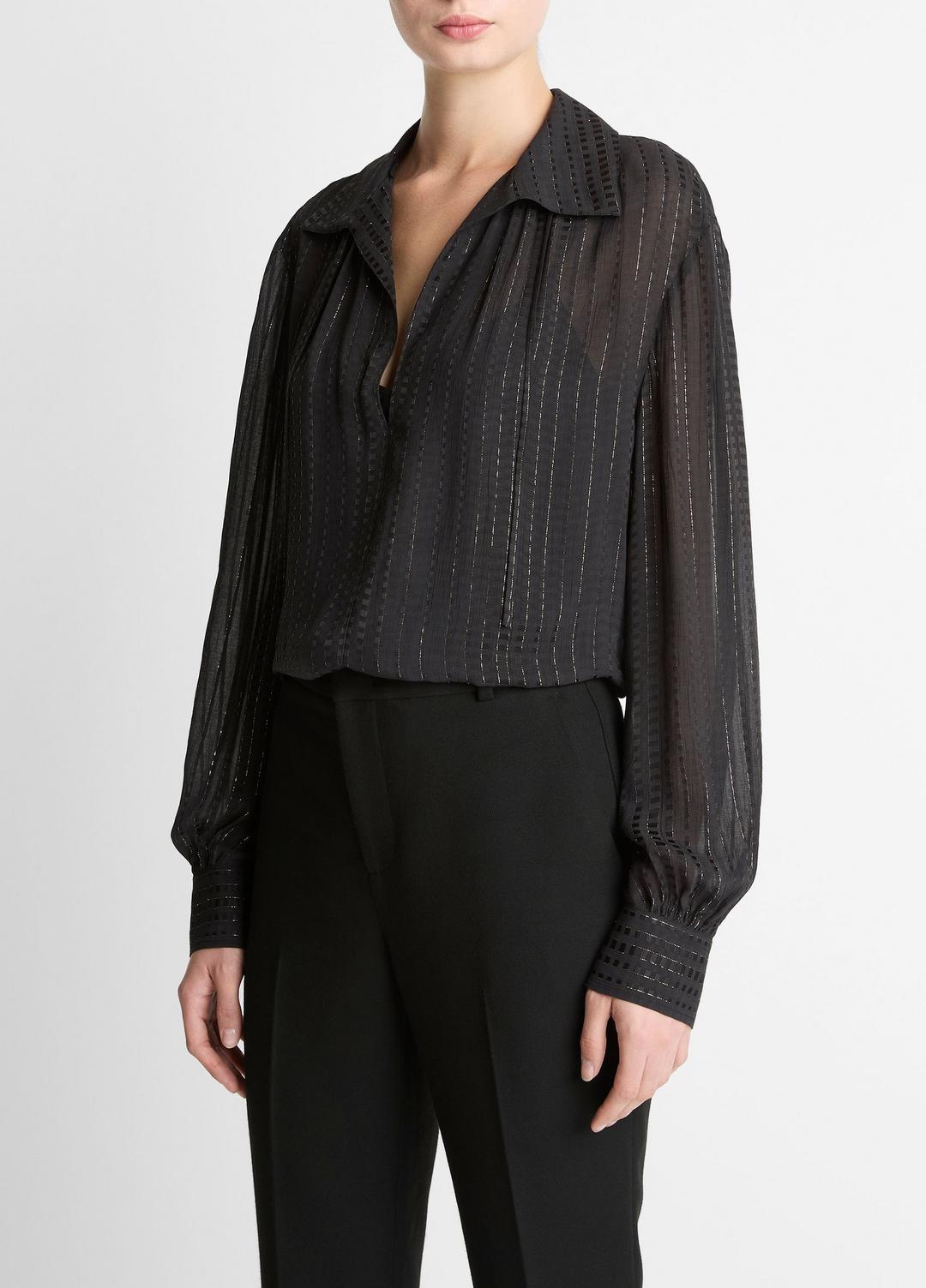 VINCE Popular - Metallic-Stripe Gathered Blouse in Long Sleeve