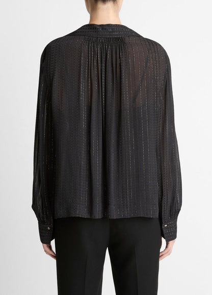 VINCE Popular - Metallic-Stripe Gathered Blouse in Long Sleeve