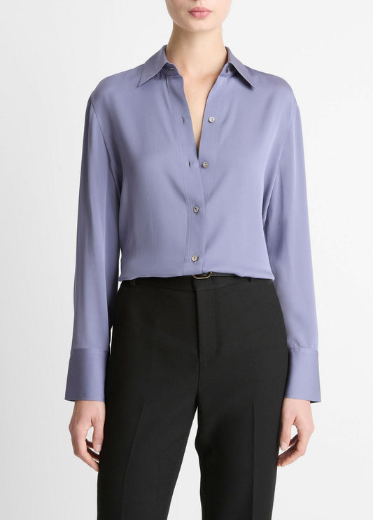VINCE New - Stretch-Silk Button-Front Blouse in Long Sleeve