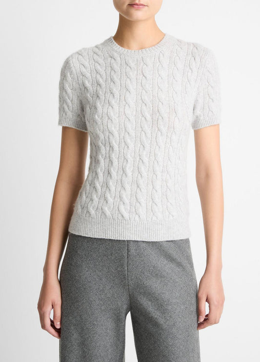 VINCE Trending - Cable-Knit Wool & Cashmere-Blend Short-Sleeve Sweater in Crew Neck