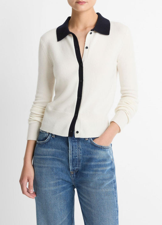 VINCE Trending - Contrast-Trim Wool & Cashmere-Blend Collared Cardigan in Cardigans