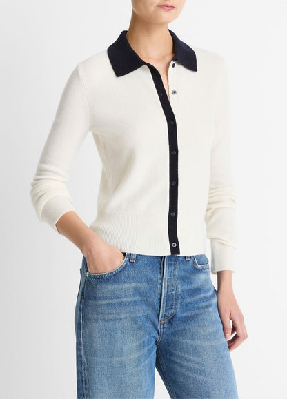 VINCE Trending - Contrast-Trim Wool & Cashmere-Blend Collared Cardigan in Cardigans