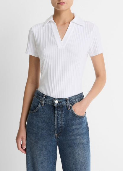 VINCE Hot Sale - Ribbed Cotton-Blend Polo Shirt in Short Sleeve