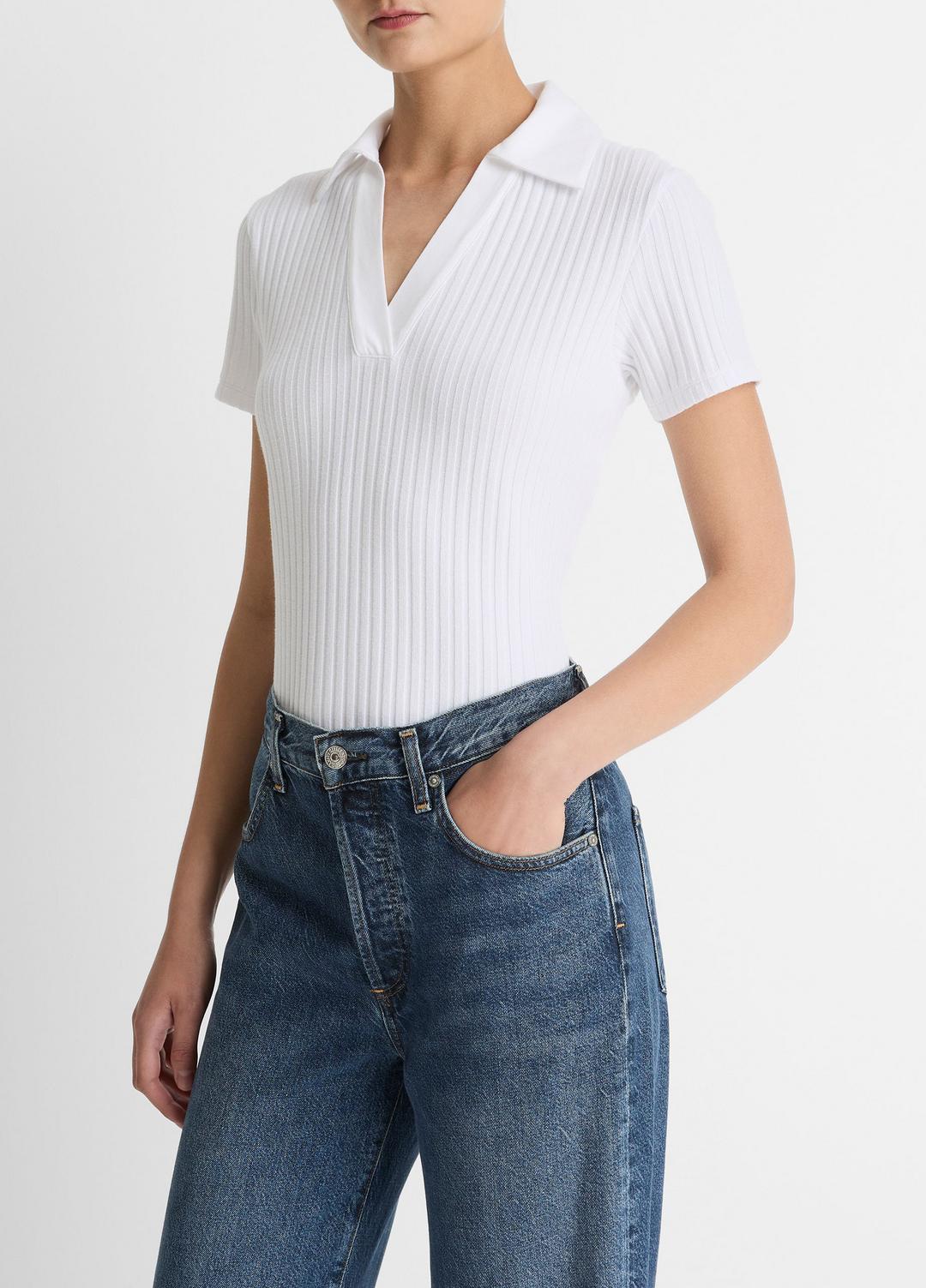 VINCE Hot Sale - Ribbed Cotton-Blend Polo Shirt in Short Sleeve