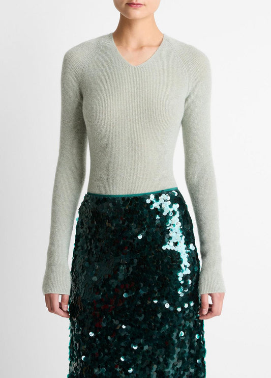 VINCE Best Seller - Metallic Ribbed High V-Neck Sweater in V-Neck