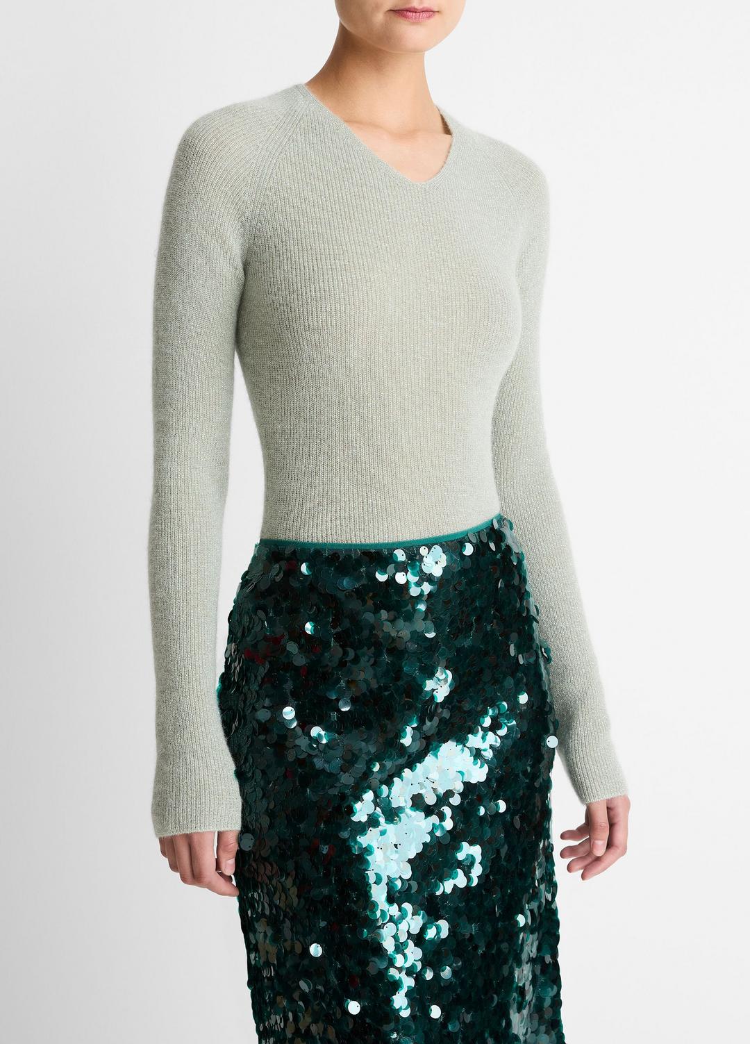 VINCE Best Seller - Metallic Ribbed High V-Neck Sweater in V-Neck
