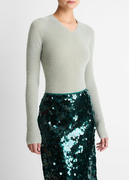 VINCE Best Seller - Metallic Ribbed High V-Neck Sweater in V-Neck