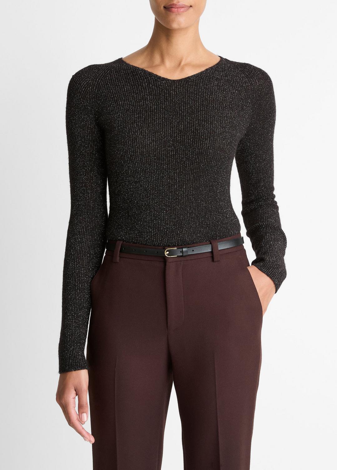 VINCE Featured - Metallic Ribbed High V-Neck Sweater in V-Neck