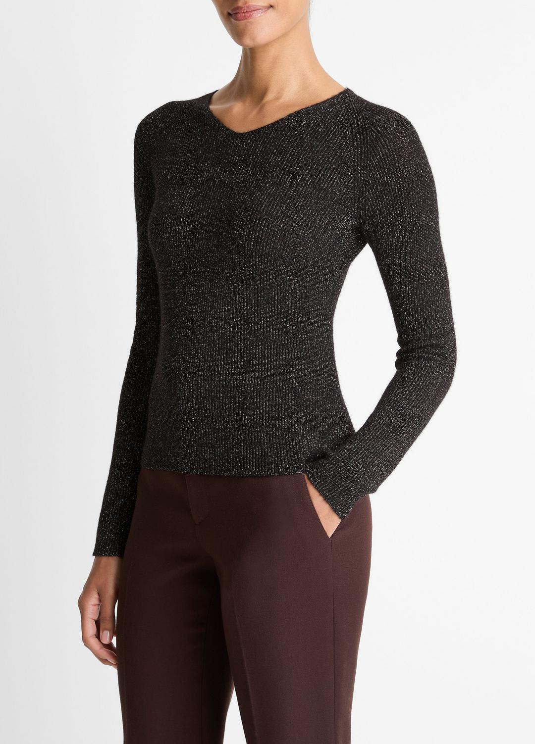 VINCE Featured - Metallic Ribbed High V-Neck Sweater in V-Neck