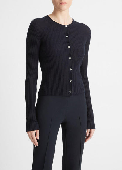 VINCE Popular - Ribbed Cashmere-Silk Cardigan in Cardigans