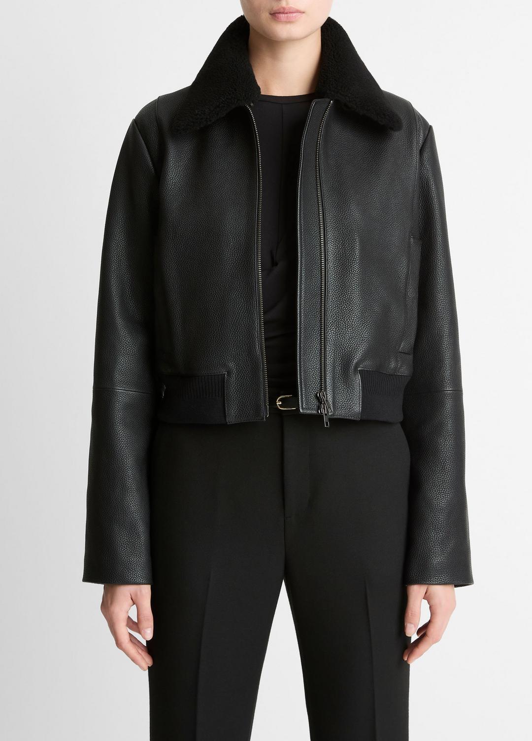 VINCE Featured - Shearling-Trim Shrunken Leather Jacket in Leather Jackets