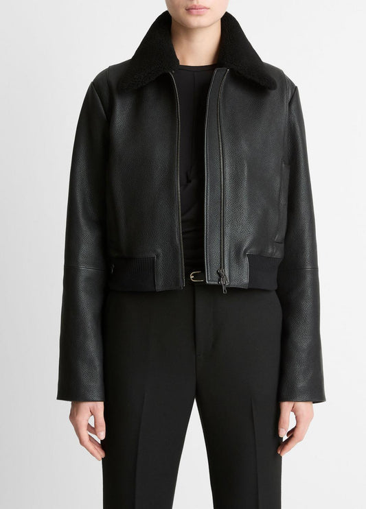 VINCE Featured - Shearling-Trim Shrunken Leather Jacket in Leather Jackets