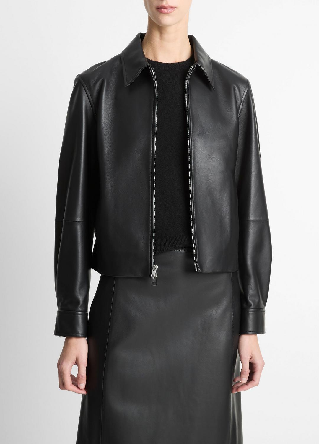 VINCE Popular - Leather Cropped Zip-Front Jacket in Jackets