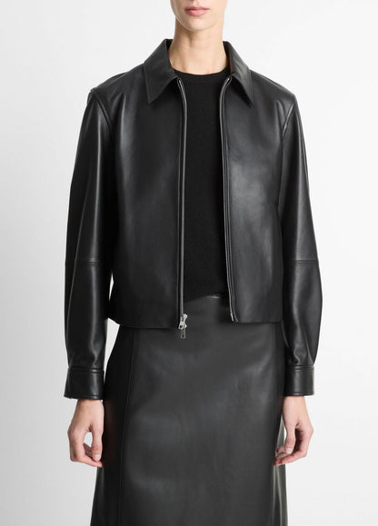 VINCE Popular - Leather Cropped Zip-Front Jacket in Jackets