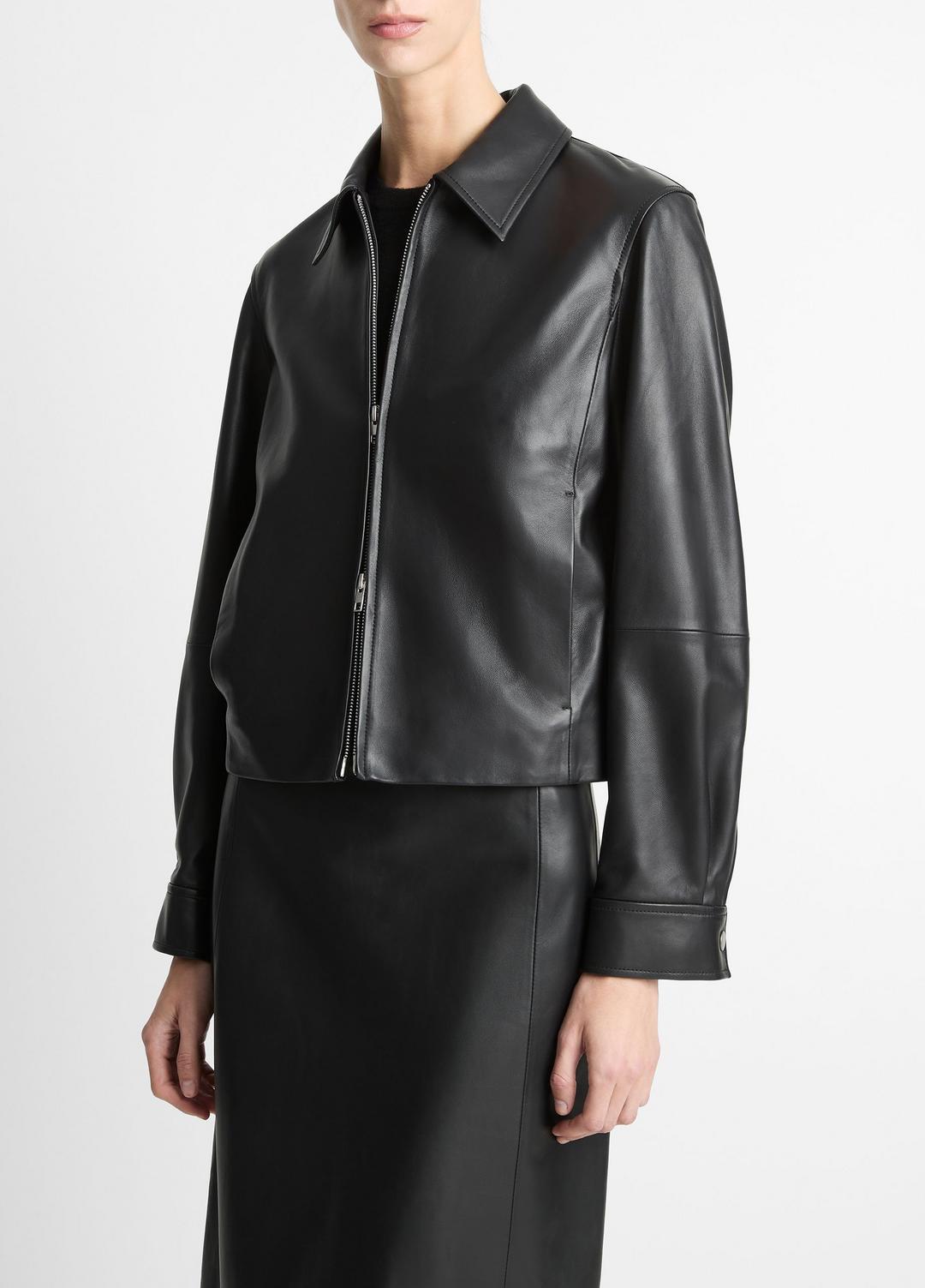 VINCE Popular - Leather Cropped Zip-Front Jacket in Jackets