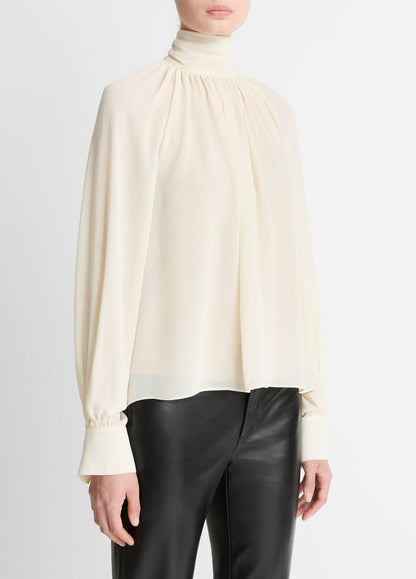 VINCE Deals - Gathered Draped-Neck Crepe Blouse in Long Sleeve