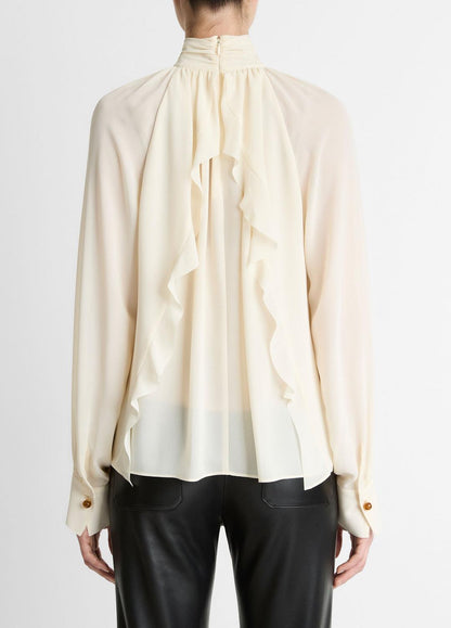 VINCE Deals - Gathered Draped-Neck Crepe Blouse in Long Sleeve