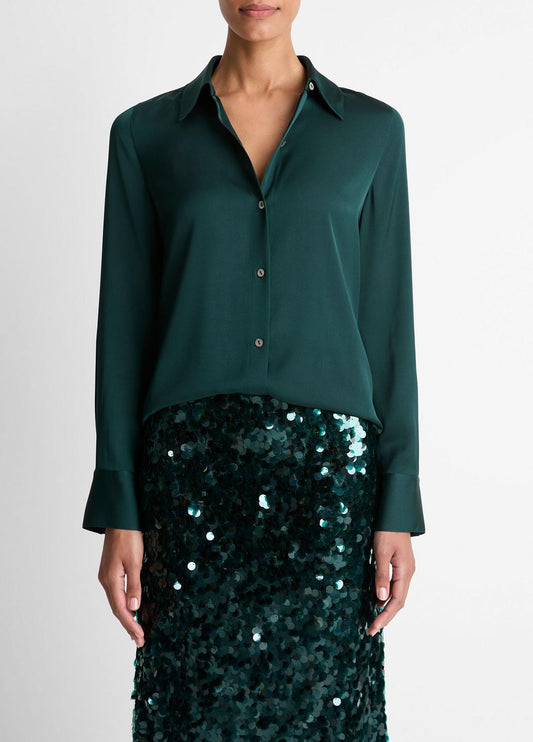 VINCE Popular - Silk-Blend Slim Button-Front Blouse in Long Sleeve
