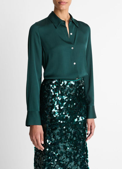 VINCE Popular - Silk-Blend Slim Button-Front Blouse in Long Sleeve