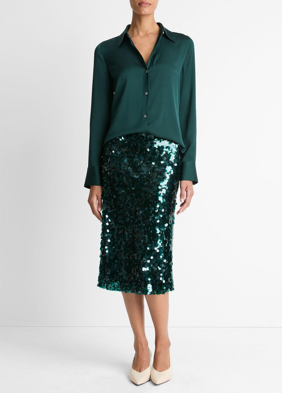 VINCE Popular - Silk-Blend Slim Button-Front Blouse in Long Sleeve