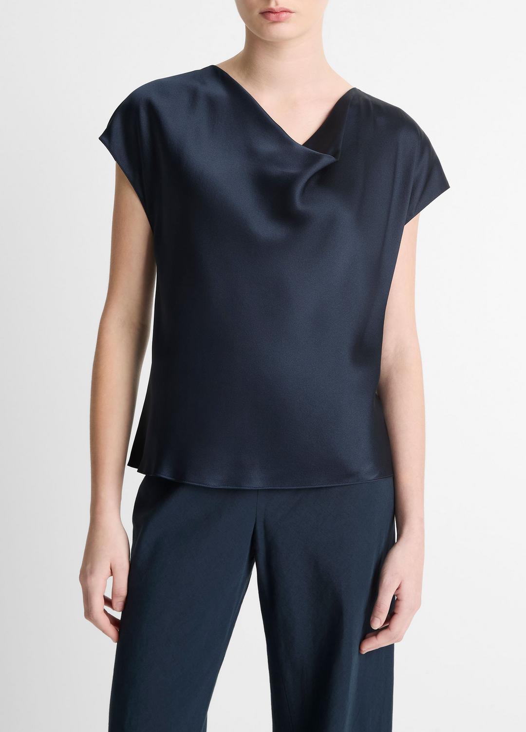 VINCE Classic - Silk Cowl-Neck Blouse in Short Sleeve