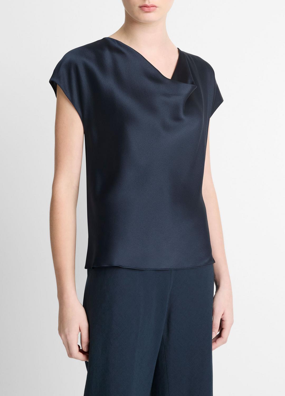 VINCE Classic - Silk Cowl-Neck Blouse in Short Sleeve