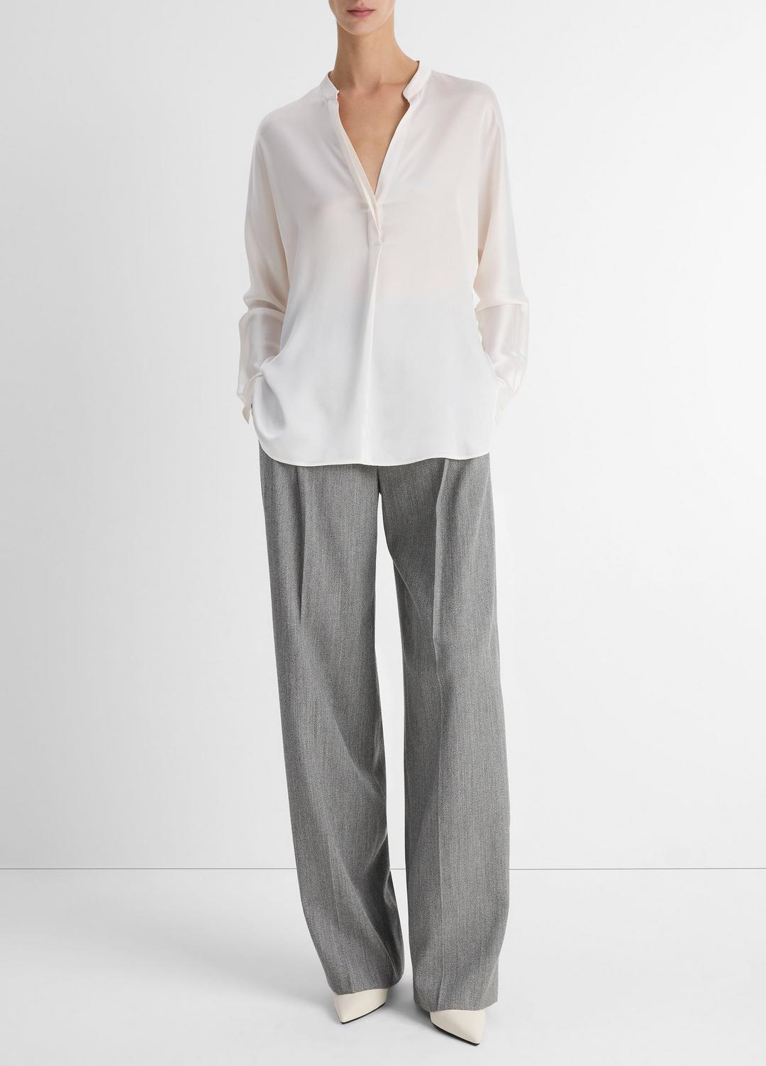 VINCE Recommended - Silk Satin Band-Collar Blouse in Long Sleeve