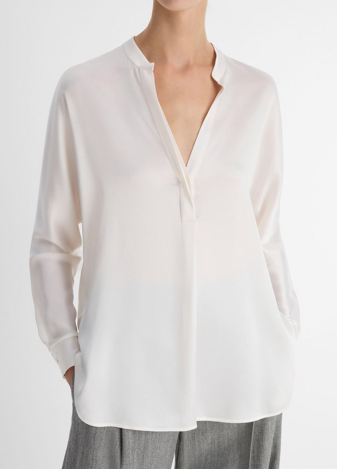 VINCE Recommended - Silk Satin Band-Collar Blouse in Long Sleeve